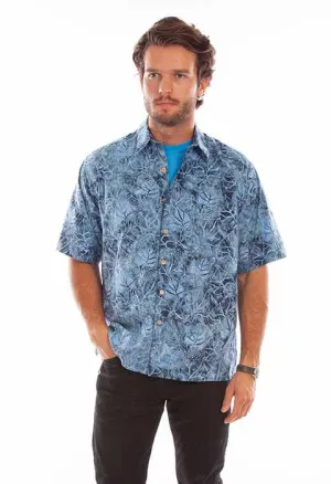 Men's Farthest Point Collection Shirt: Short Sleeve Batik Leaf Blue
