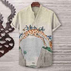 Men's Monkey Carrying Goods On Giraffe Bridge Art Print V Neck T-Shirt