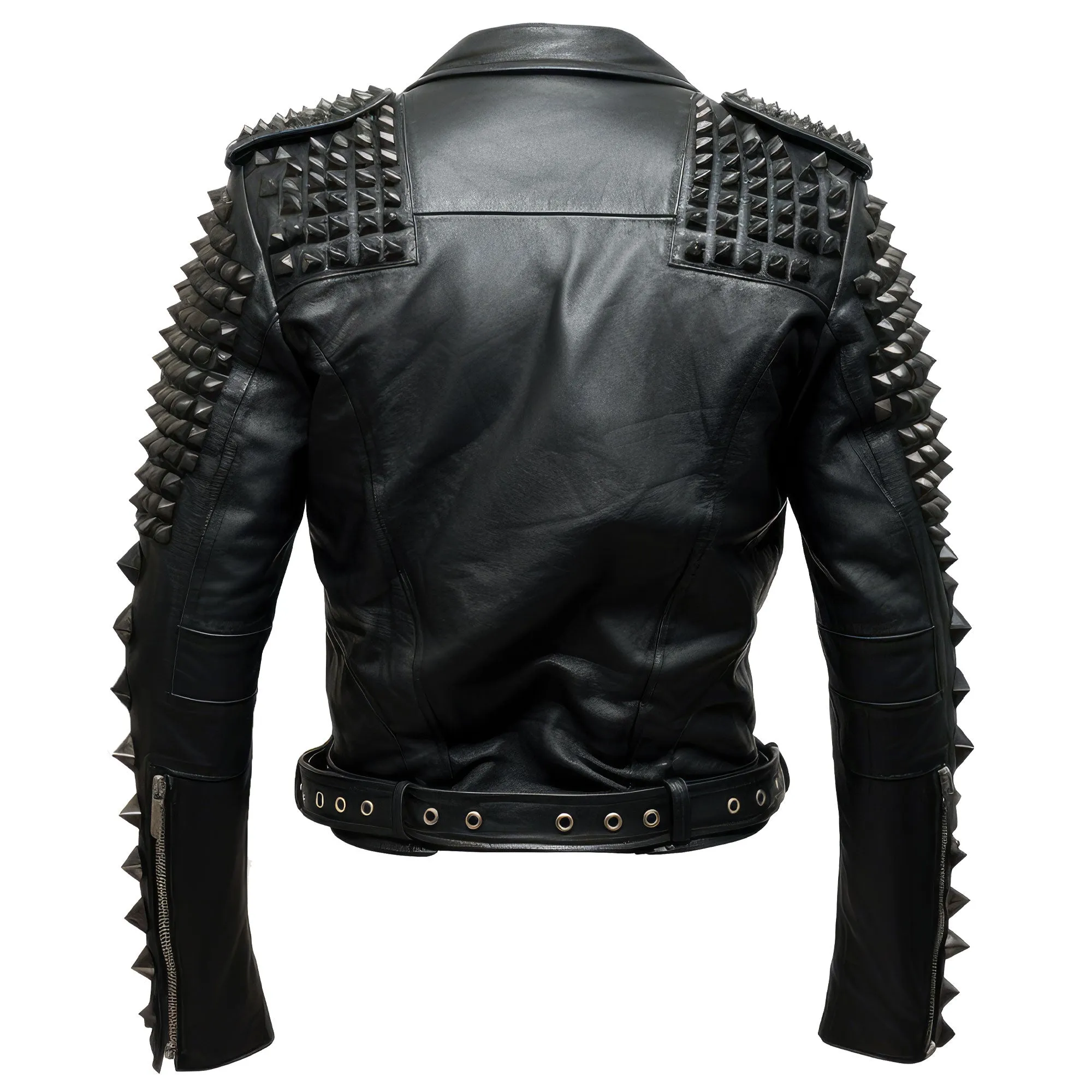Mens Motorbike Jacket Rock Sleeve and Shoulder Punk Spike Studded Motorcycle Biker Moto Genuine Leather Jackets