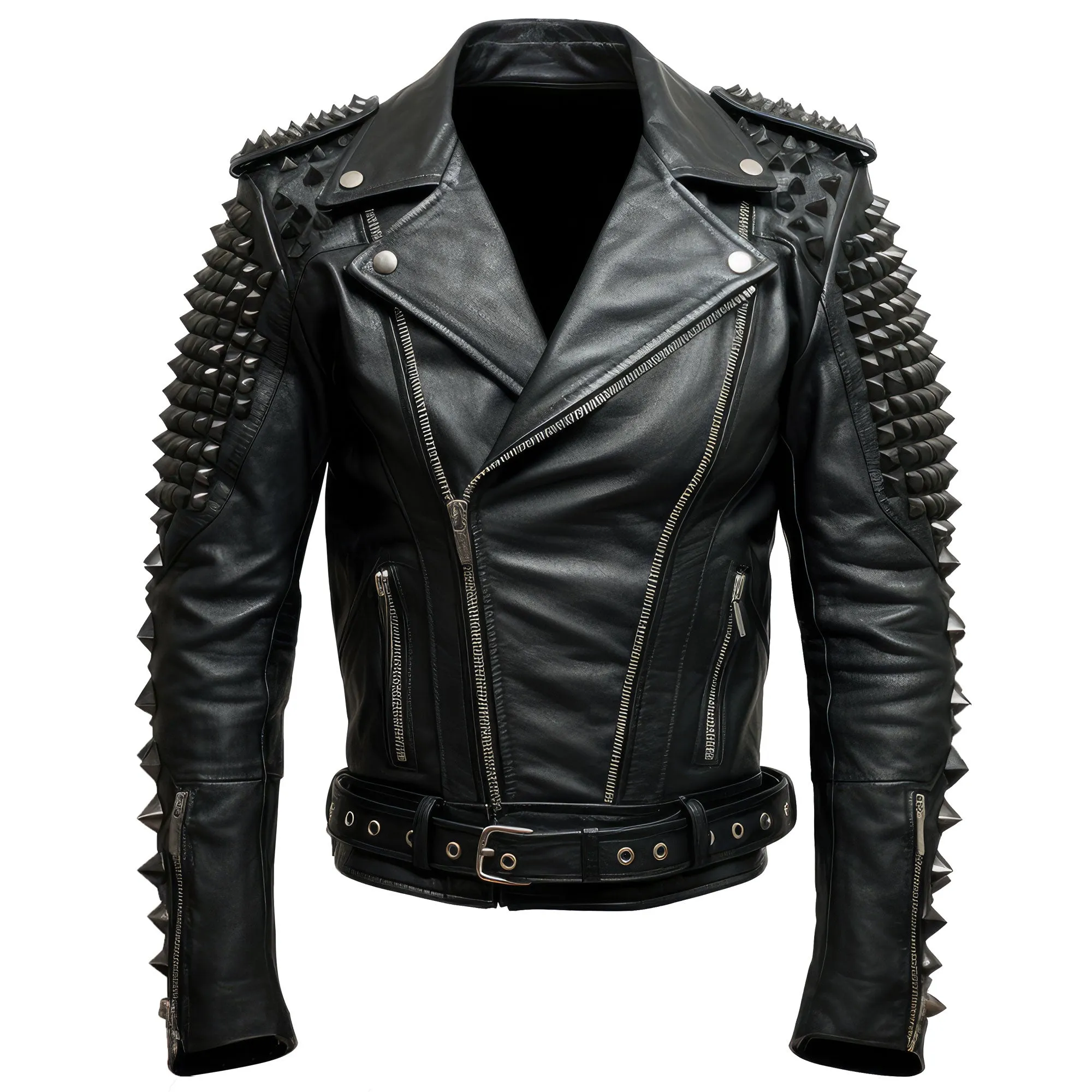 Mens Motorbike Jacket Rock Sleeve and Shoulder Punk Spike Studded Motorcycle Biker Moto Genuine Leather Jackets
