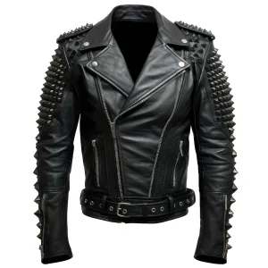 Mens Motorbike Jacket Rock Sleeve and Shoulder Punk Spike Studded Motorcycle Biker Moto Genuine Leather Jackets