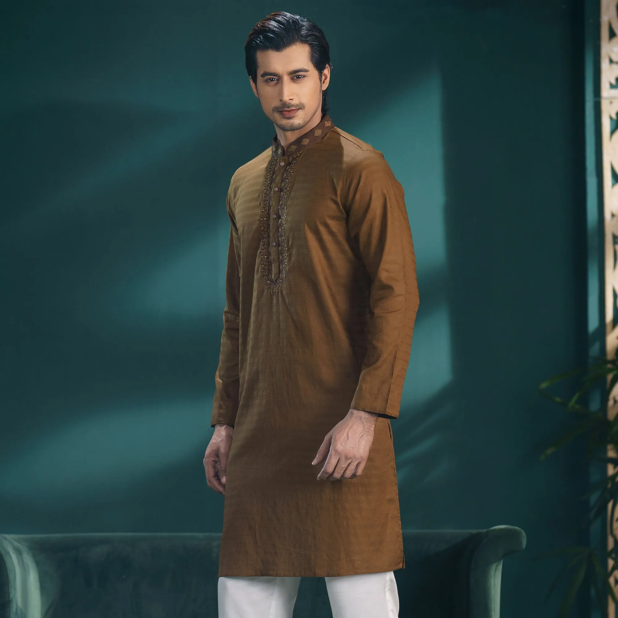 Mens Olive Embroidered Panjabi