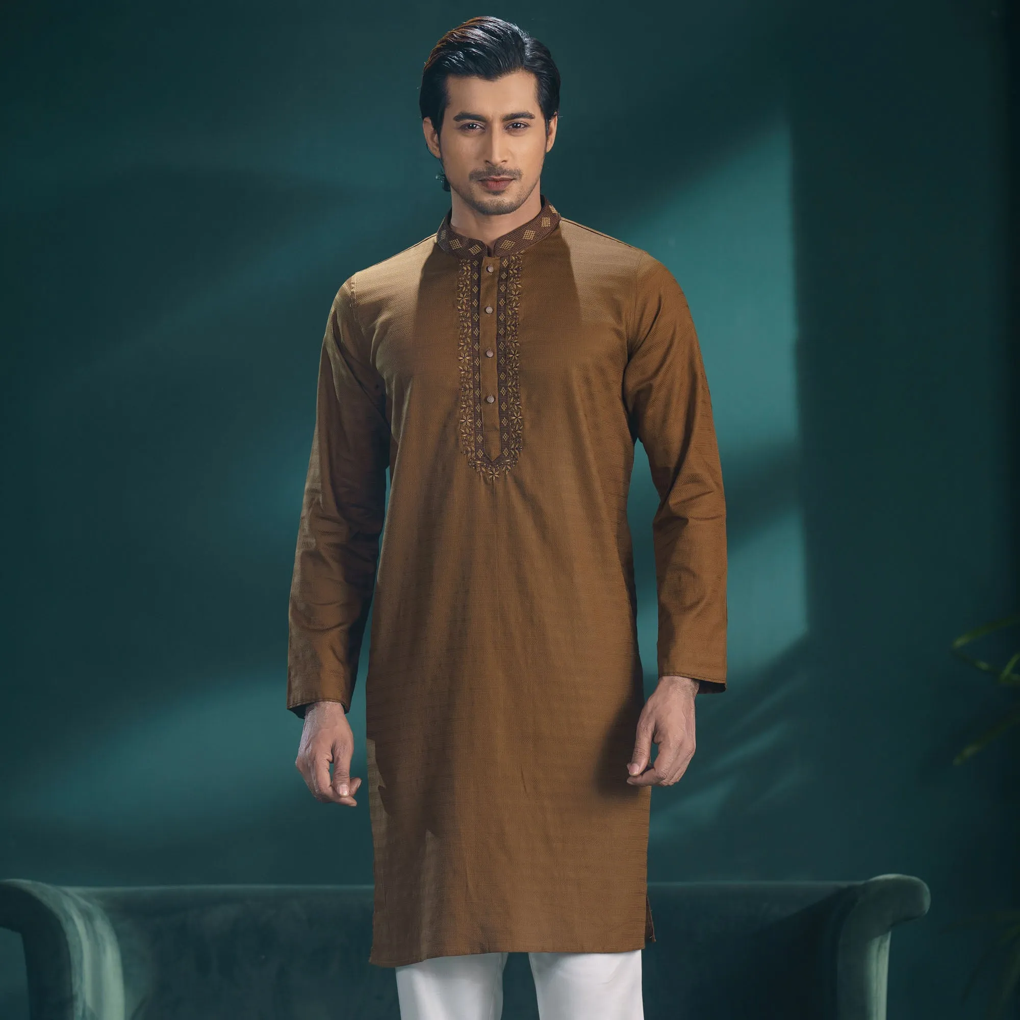 Mens Olive Embroidered Panjabi