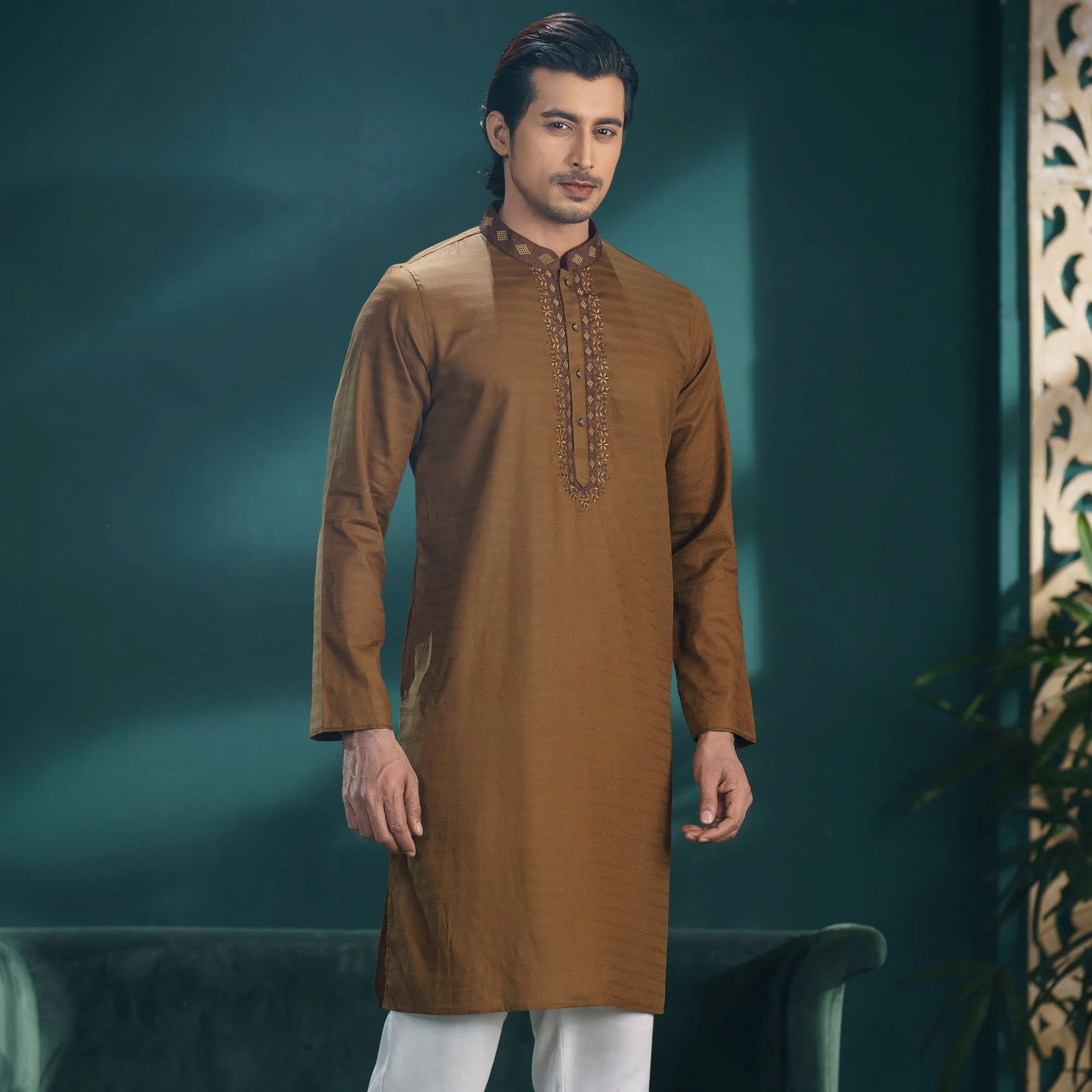 Mens Olive Embroidered Panjabi