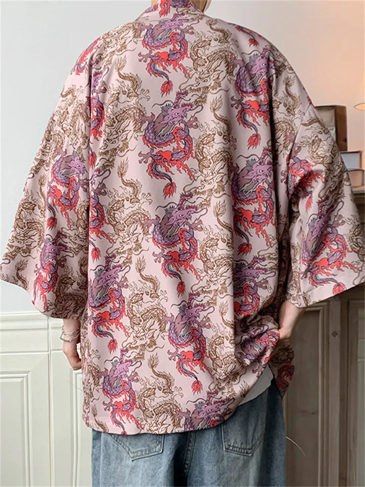 Men's Retro Dragon Tiger Print Summer Cardigan Shirt