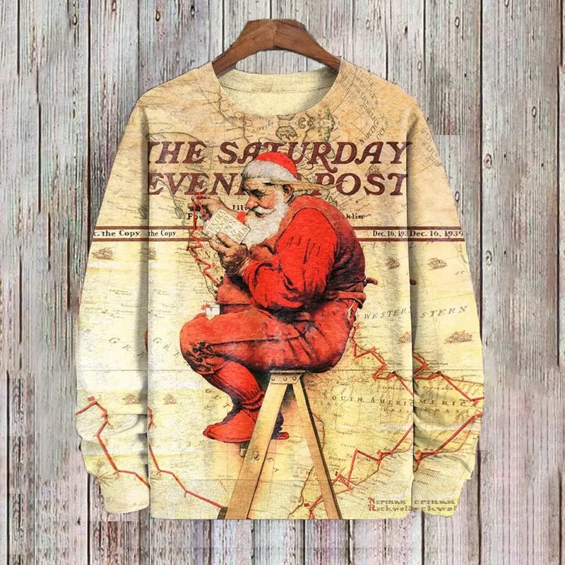 Men's Santa At The Map Art Painting Print Casual Sweater