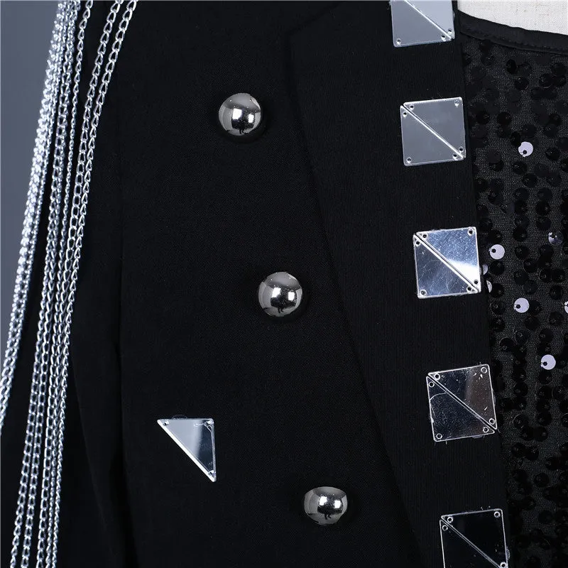Men's Silver Lens Sequins Glitter Jazz Dance Jacket Band Punk Rock Style Dj Ds Jackets Party Banquet Dress Suit Studio Concert Wedding Performance Coat for Man