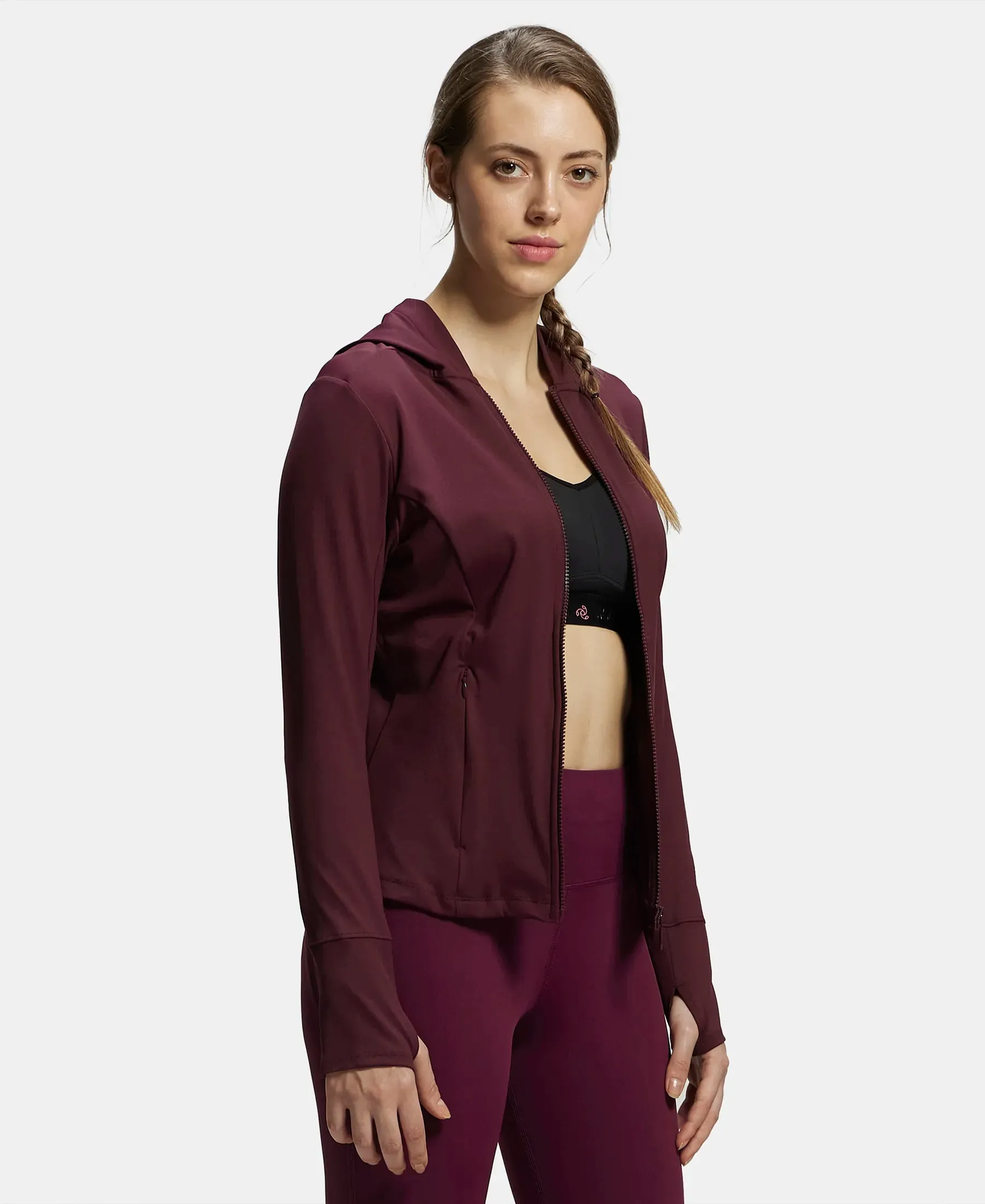 Microfiber Elastane Stretch Slim Fit Hoodie Jacket with Curved Back Hem - Wine Tasting
