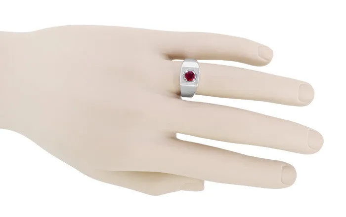 Mid Century Vintage Design 1 Carat Ruby Ring for a Man in 14 Karat White Gold