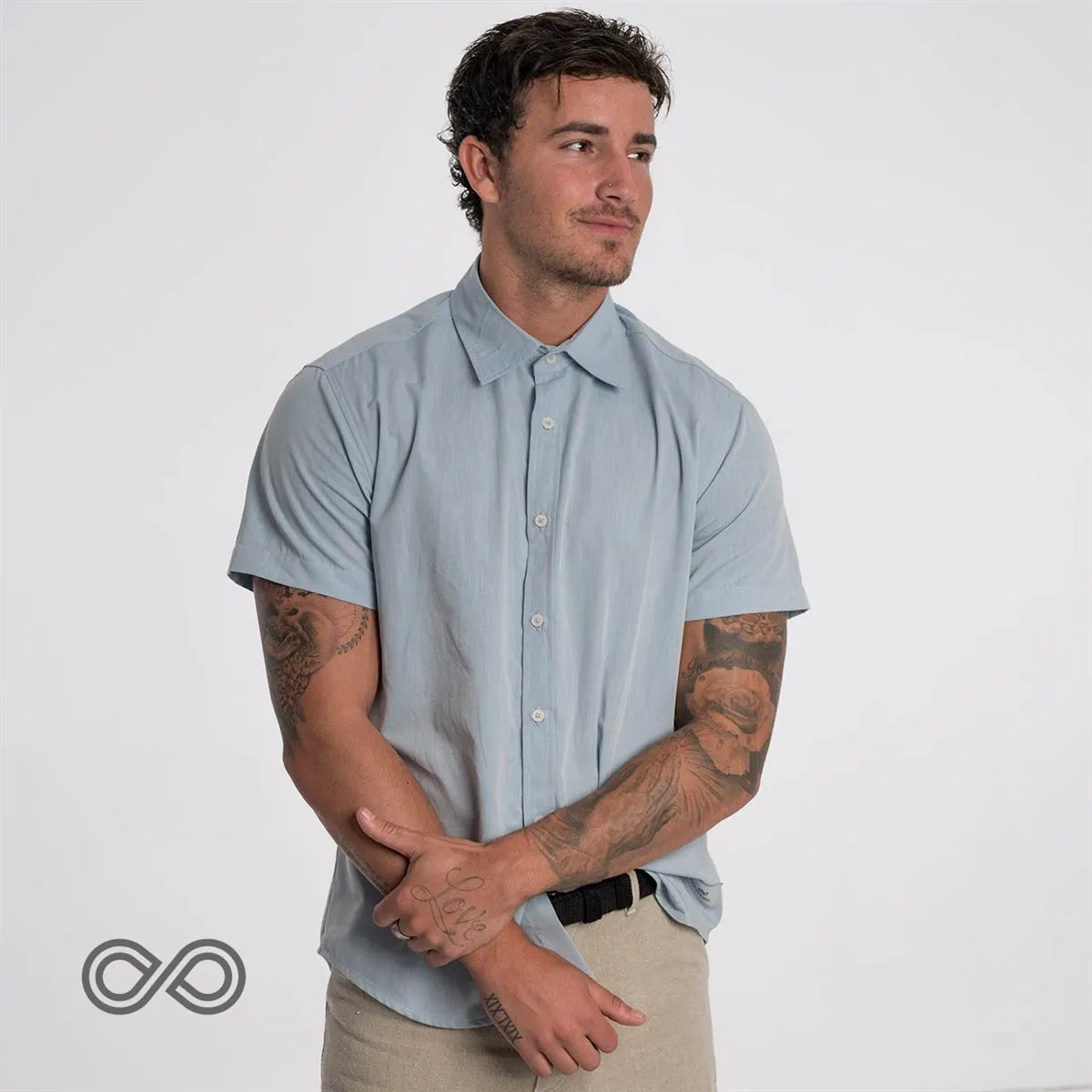 MILL BAY 100% Organic Cotton Short-Sleeve Shirt (Nut Buttons, OC Thread, Latex-free, Elastic-free, Plastic-free) (100% Biodegradable)