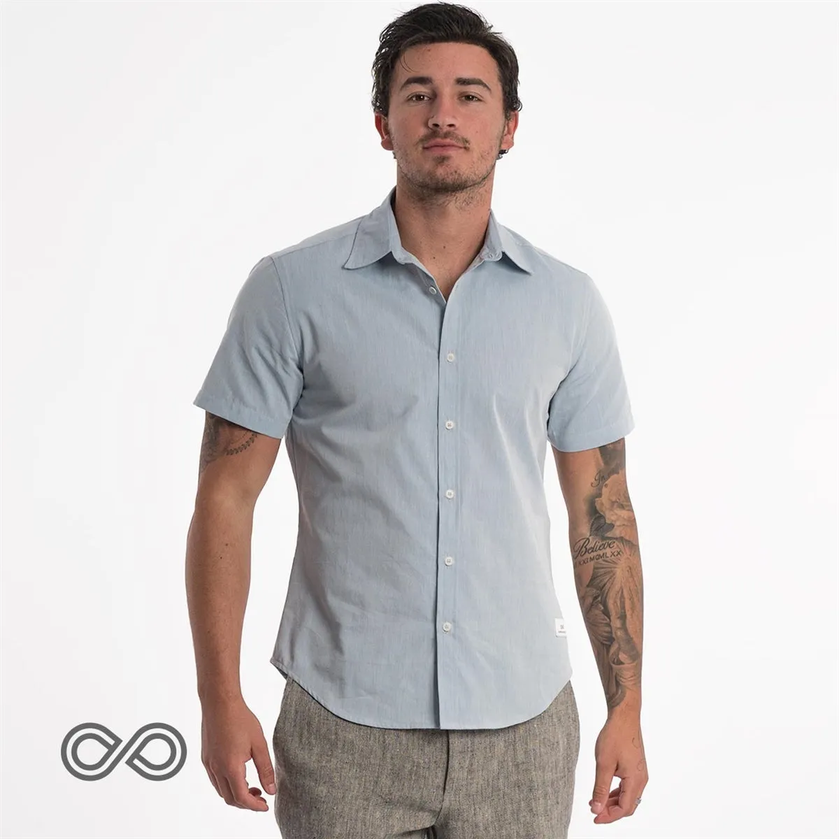 MILL BAY 100% Organic Cotton Short-Sleeve Shirt (Nut Buttons, OC Thread, Latex-free, Elastic-free, Plastic-free) (100% Biodegradable)