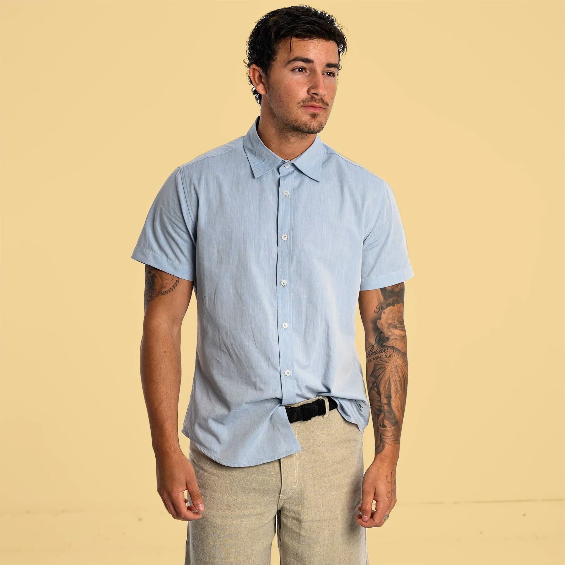 MILL BAY 100% Organic Cotton Short-Sleeve Shirt (Nut Buttons, OC Thread, Latex-free, Elastic-free, Plastic-free) (100% Biodegradable)