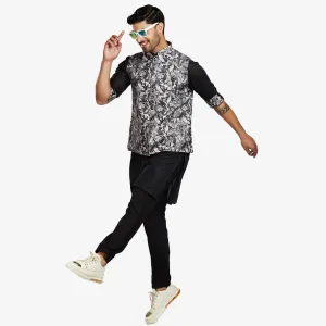 Nightfall Bloomy Men's Black Kurta with Leaf Printed Jacket