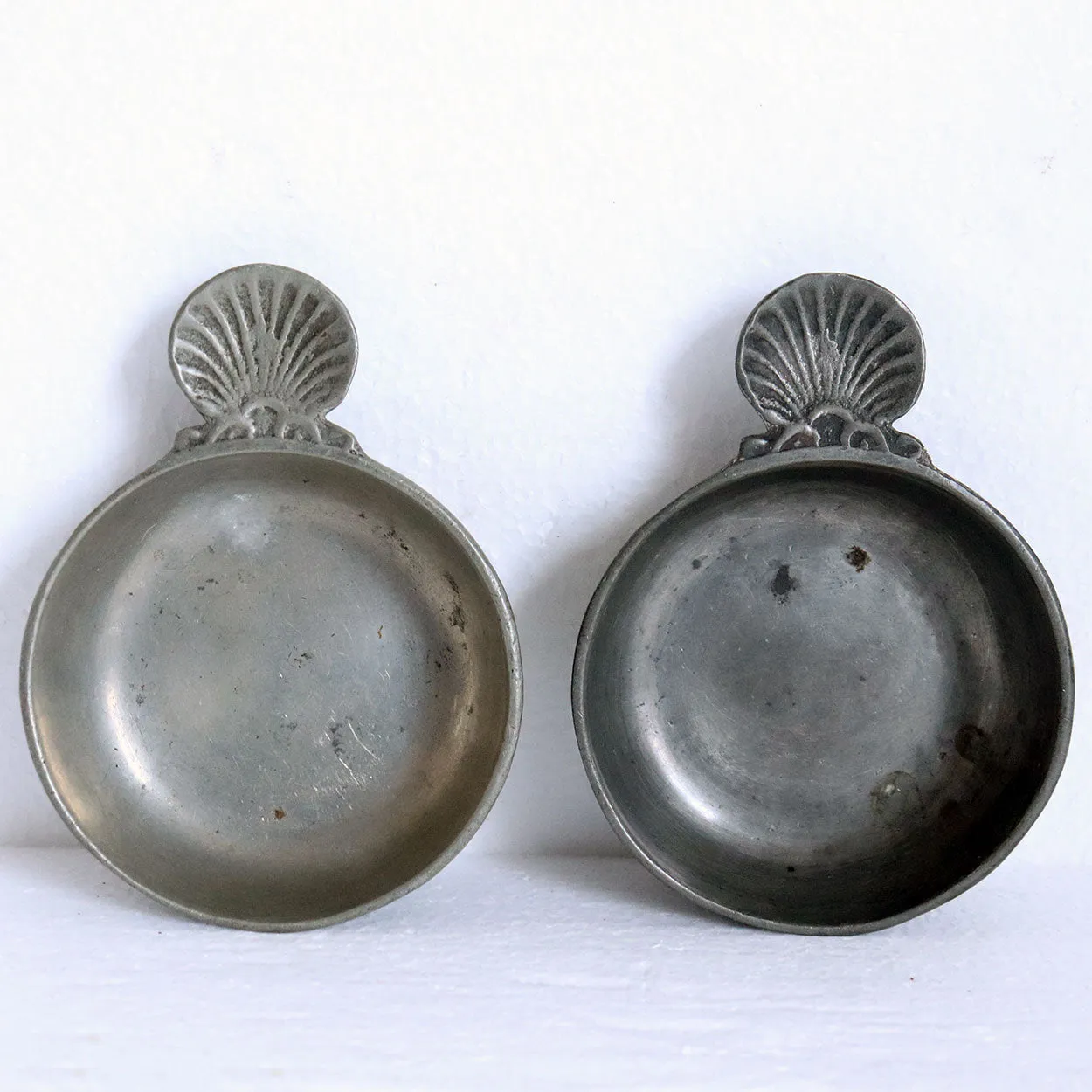 Pair of Vintage French Pewter One-Handle Wine Tasting Bowls (Tastevins)