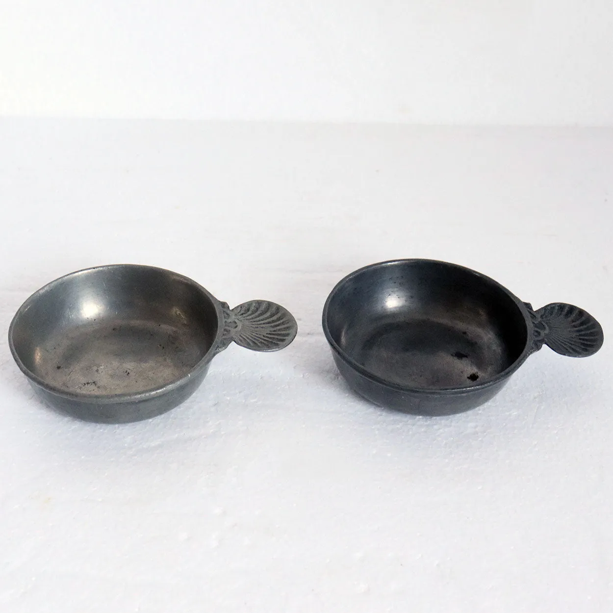 Pair of Vintage French Pewter One-Handle Wine Tasting Bowls (Tastevins)