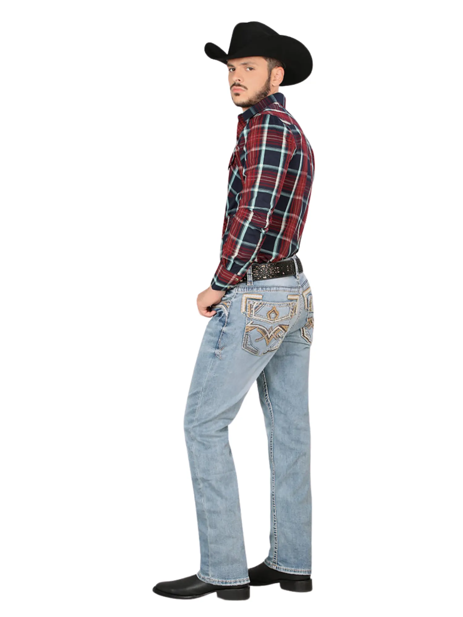 Pantalon Vaquero de Mezclilla Bordado Stretch Boot Cut para Hombre 'Montero' - ID: 4624