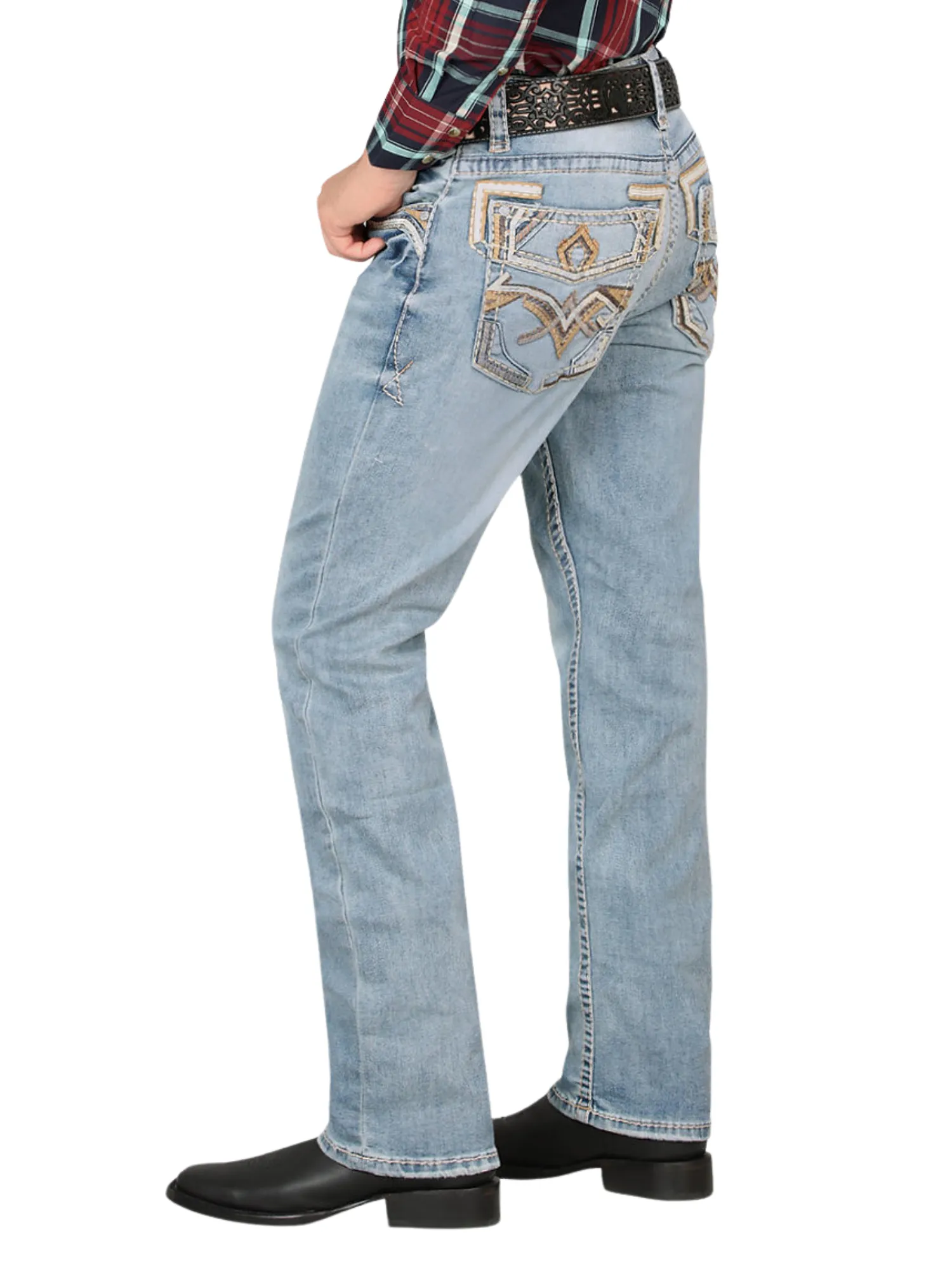 Pantalon Vaquero de Mezclilla Bordado Stretch Boot Cut para Hombre 'Montero' - ID: 4624