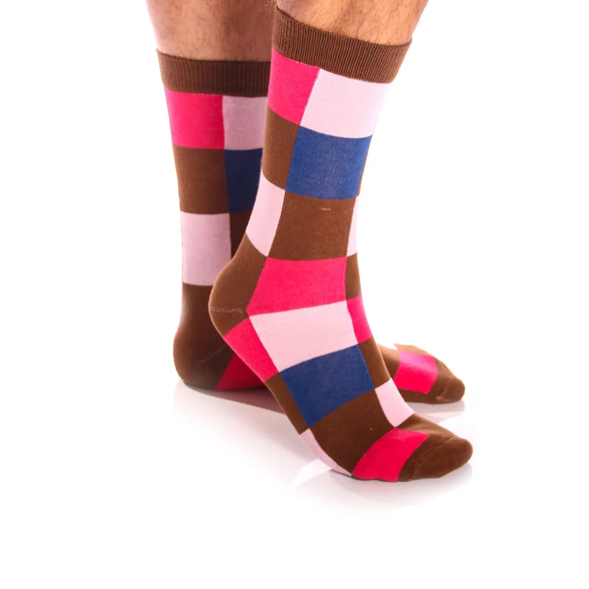 Pink Brown & Blue Square Mens Colorful Crew Socks - Premium Cotton Fun socks with Soft Elastic - 5
