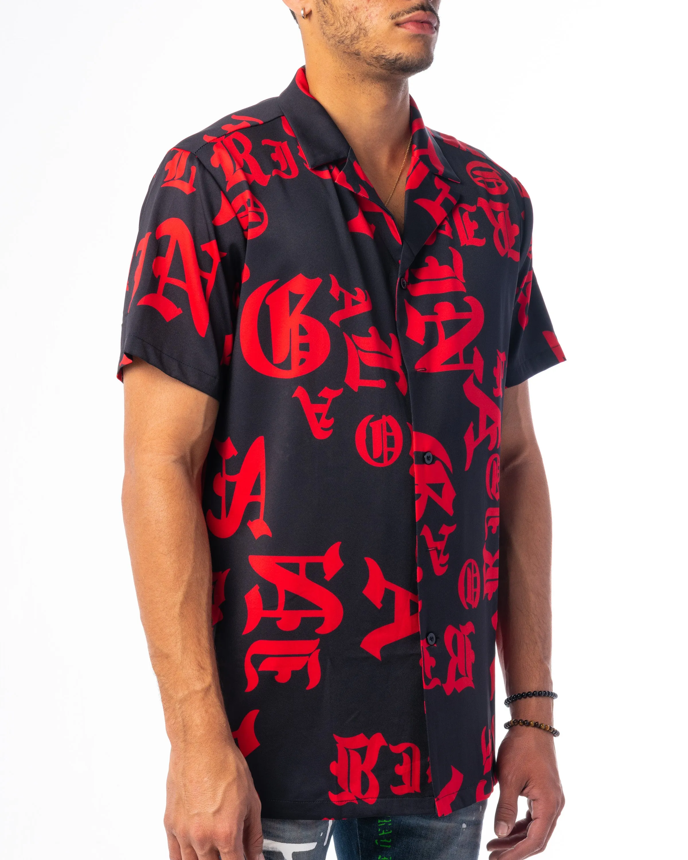 "TYPO LOUNGE" BUTTON UP (BLACK/RED)