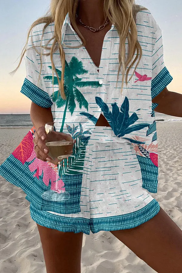 Rainforest Plant Print Loose Button Elastic Waist Shorts Set