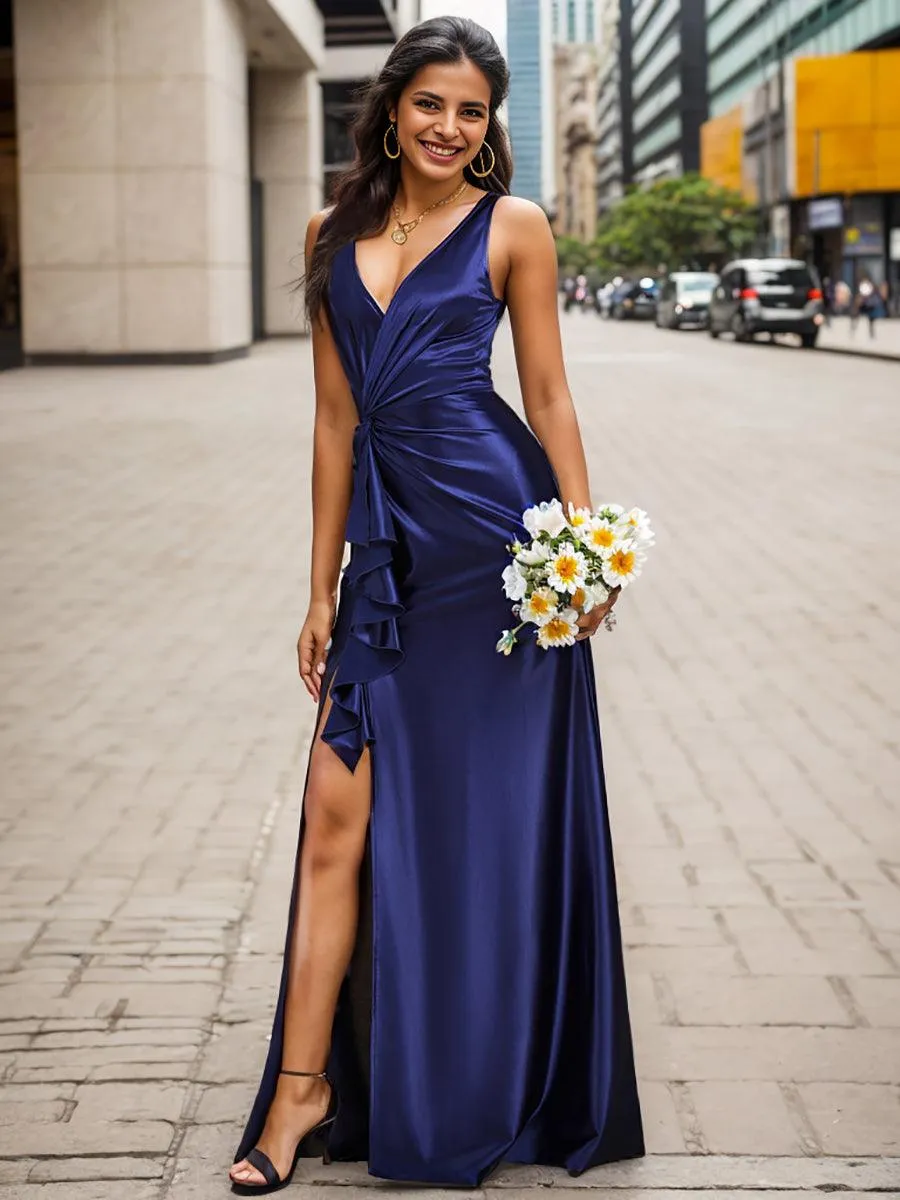 Robe de soirée en satin plissée à col en V et à fente haute pour bal(Vente finale)