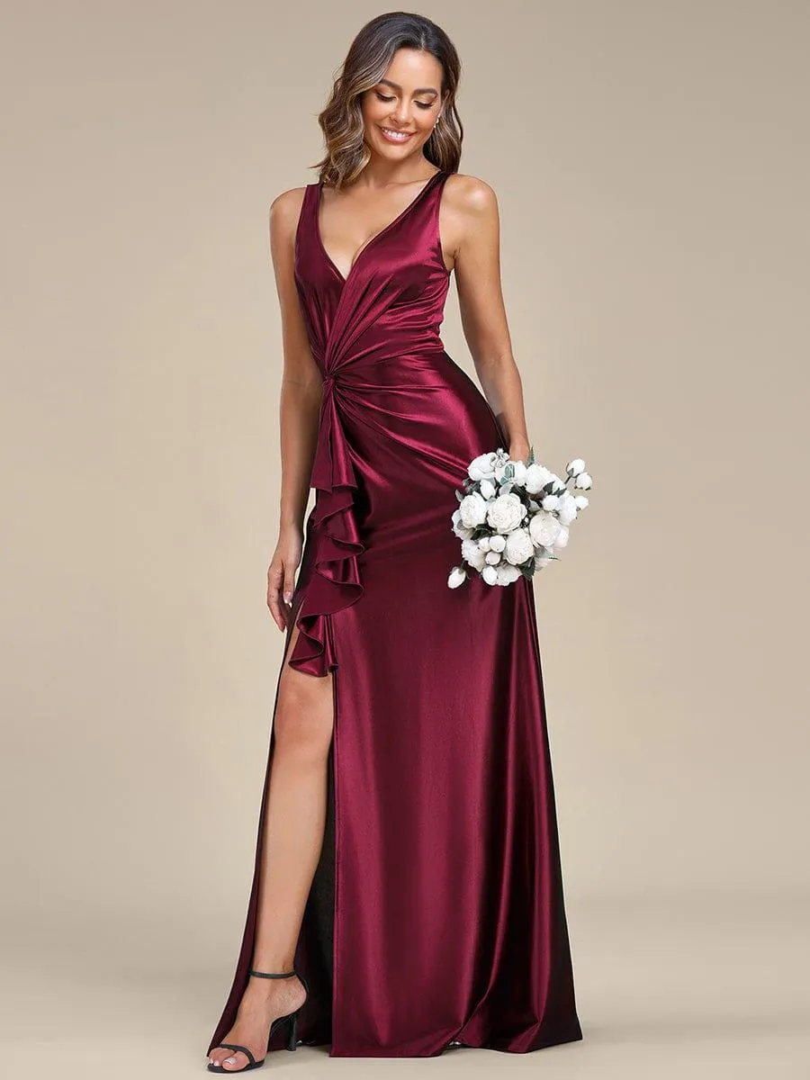 Robe de soirée en satin plissée à col en V et à fente haute pour bal(Vente finale)