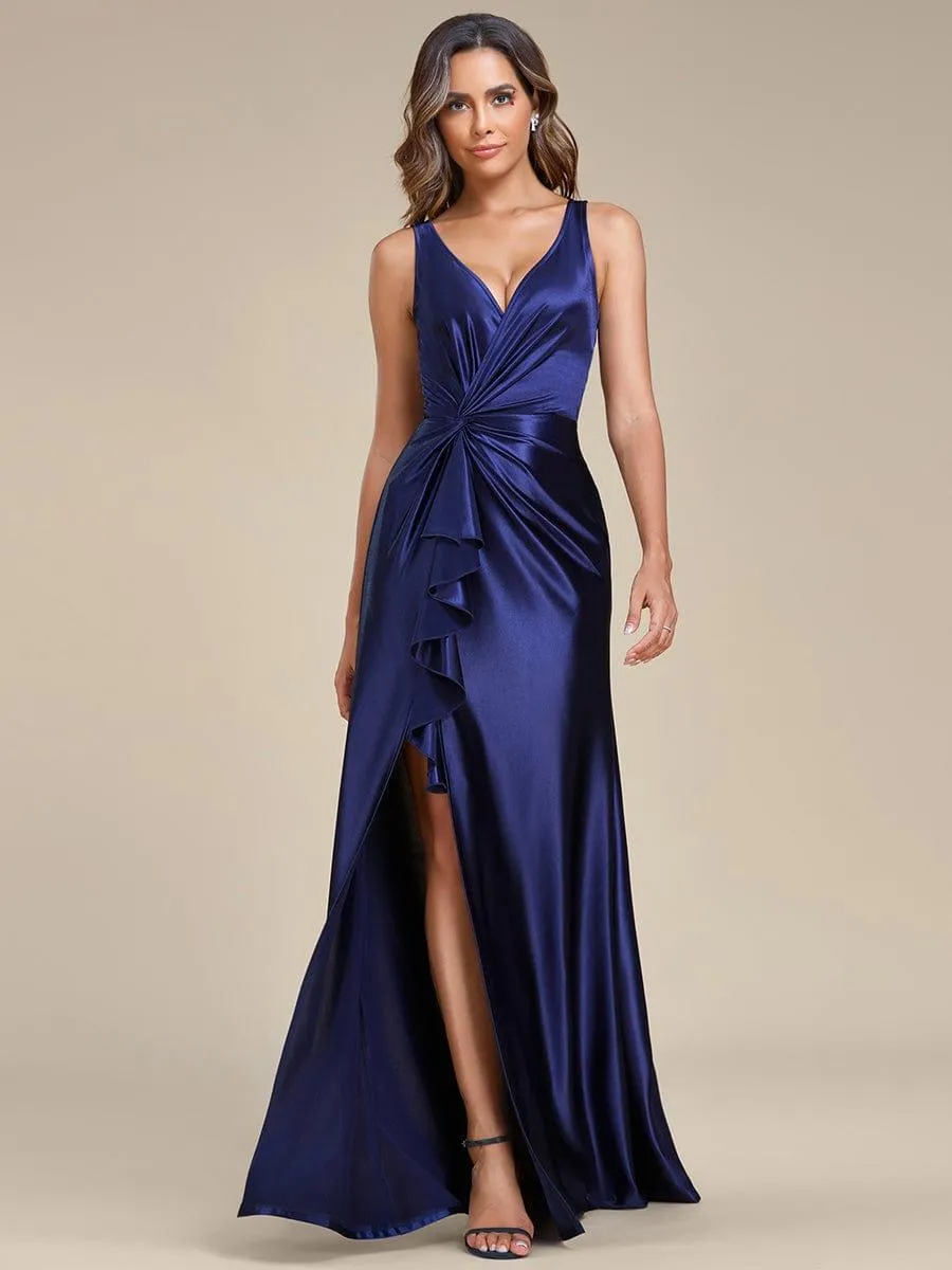 Robe de soirée en satin plissée à col en V et à fente haute pour bal(Vente finale)
