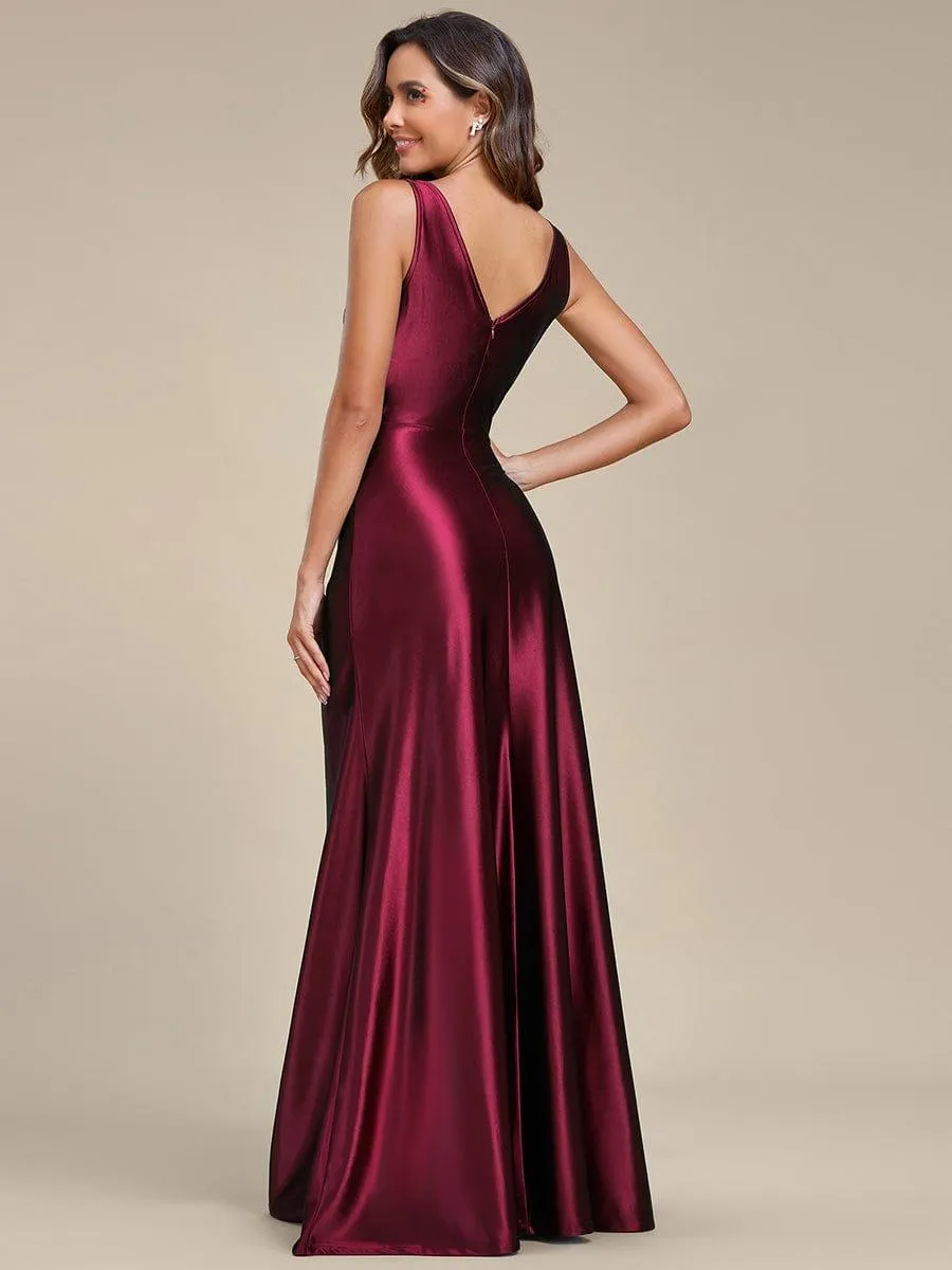 Robe de soirée en satin plissée à col en V et à fente haute pour bal(Vente finale)