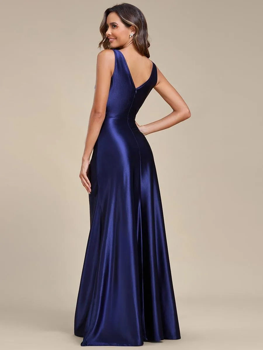 Robe de soirée en satin plissée à col en V et à fente haute pour bal(Vente finale)
