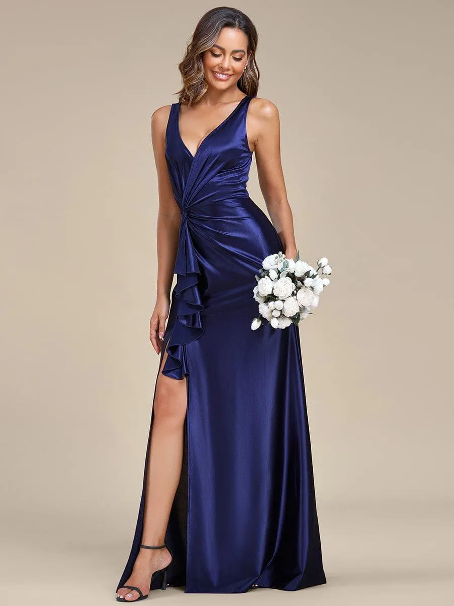 Robe de soirée en satin plissée à col en V et à fente haute pour bal(Vente finale)