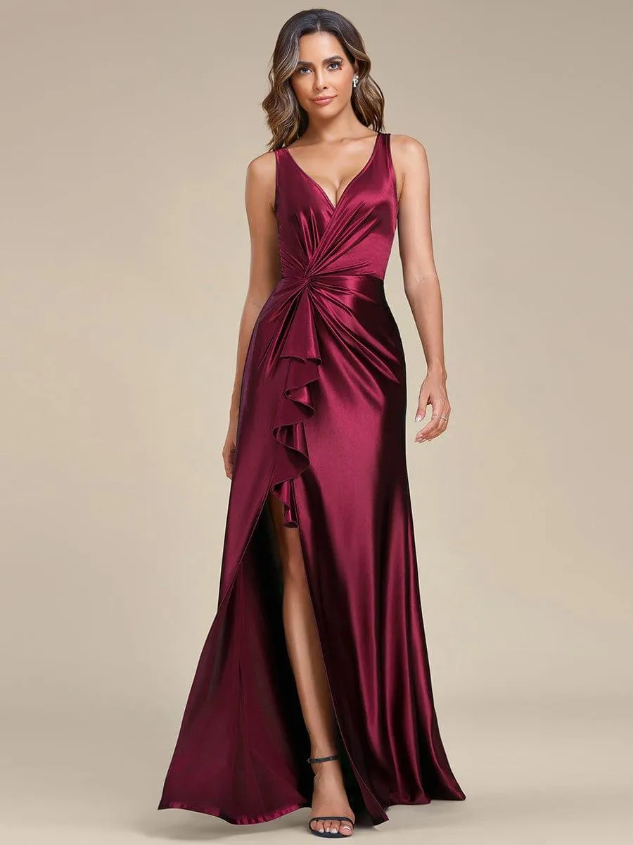 Robe de soirée en satin plissée à col en V et à fente haute pour bal(Vente finale)