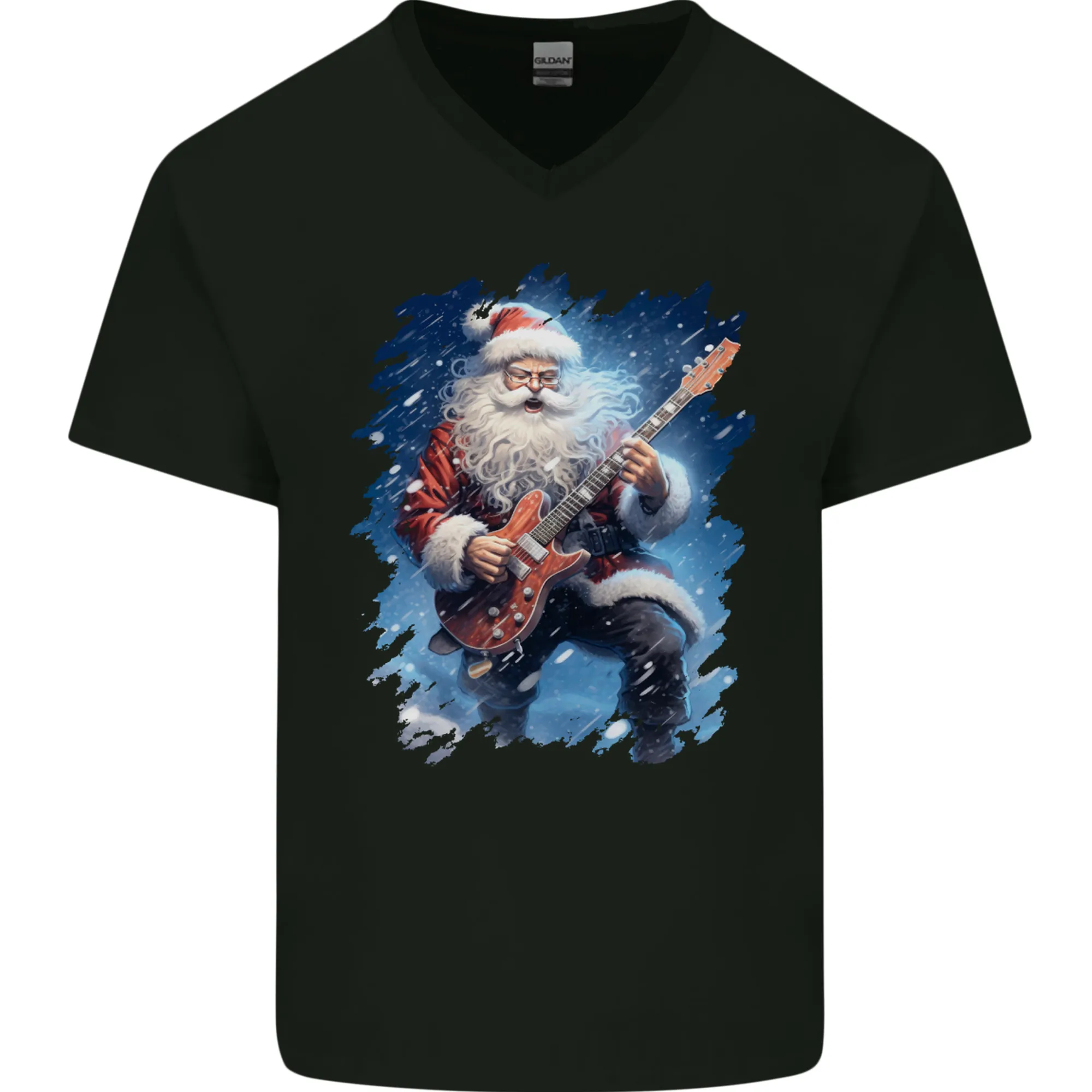 Rock Santa Playing Electric Guitar Christmas Xmas Mens V-Neck Cotton T-Shirt