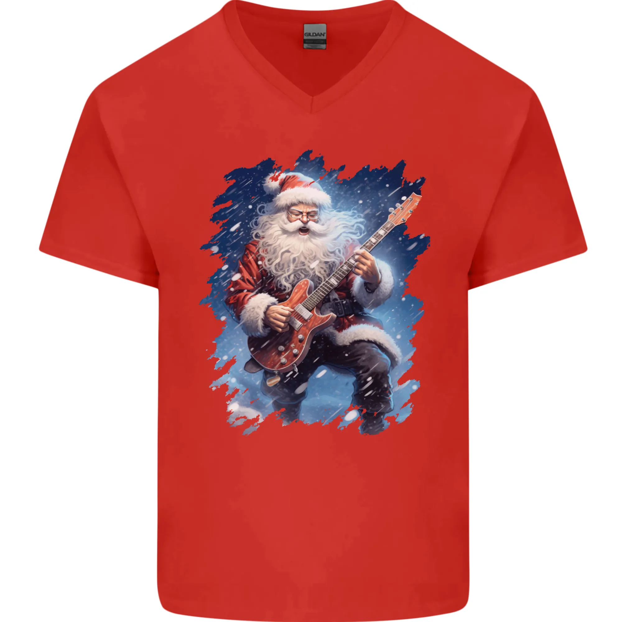 Rock Santa Playing Electric Guitar Christmas Xmas Mens V-Neck Cotton T-Shirt