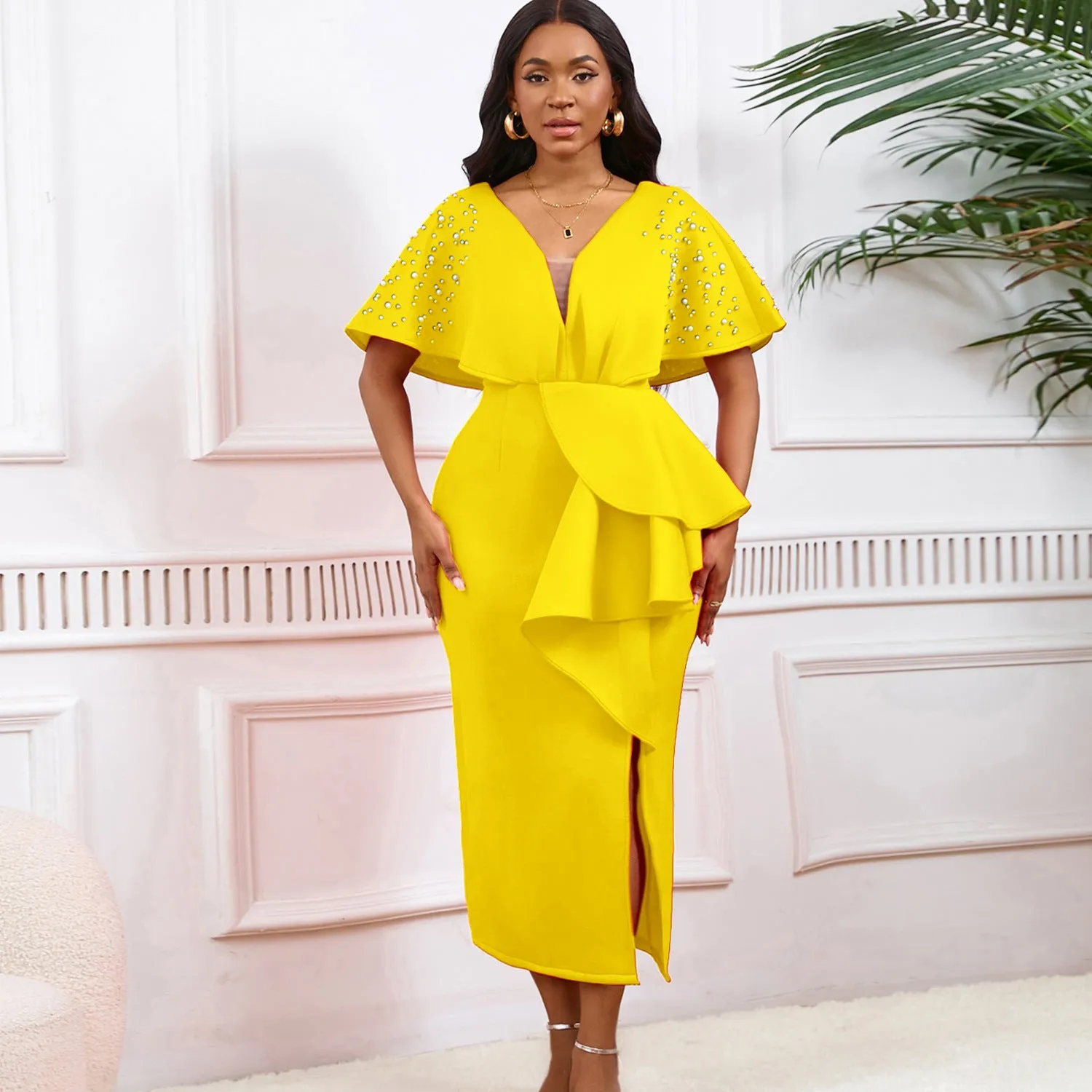 ROMILDI D516  Summer Sexy V-Neck Lotus Leaf Split Bead Gala Dress Celebrity Temperament Banquet Dress