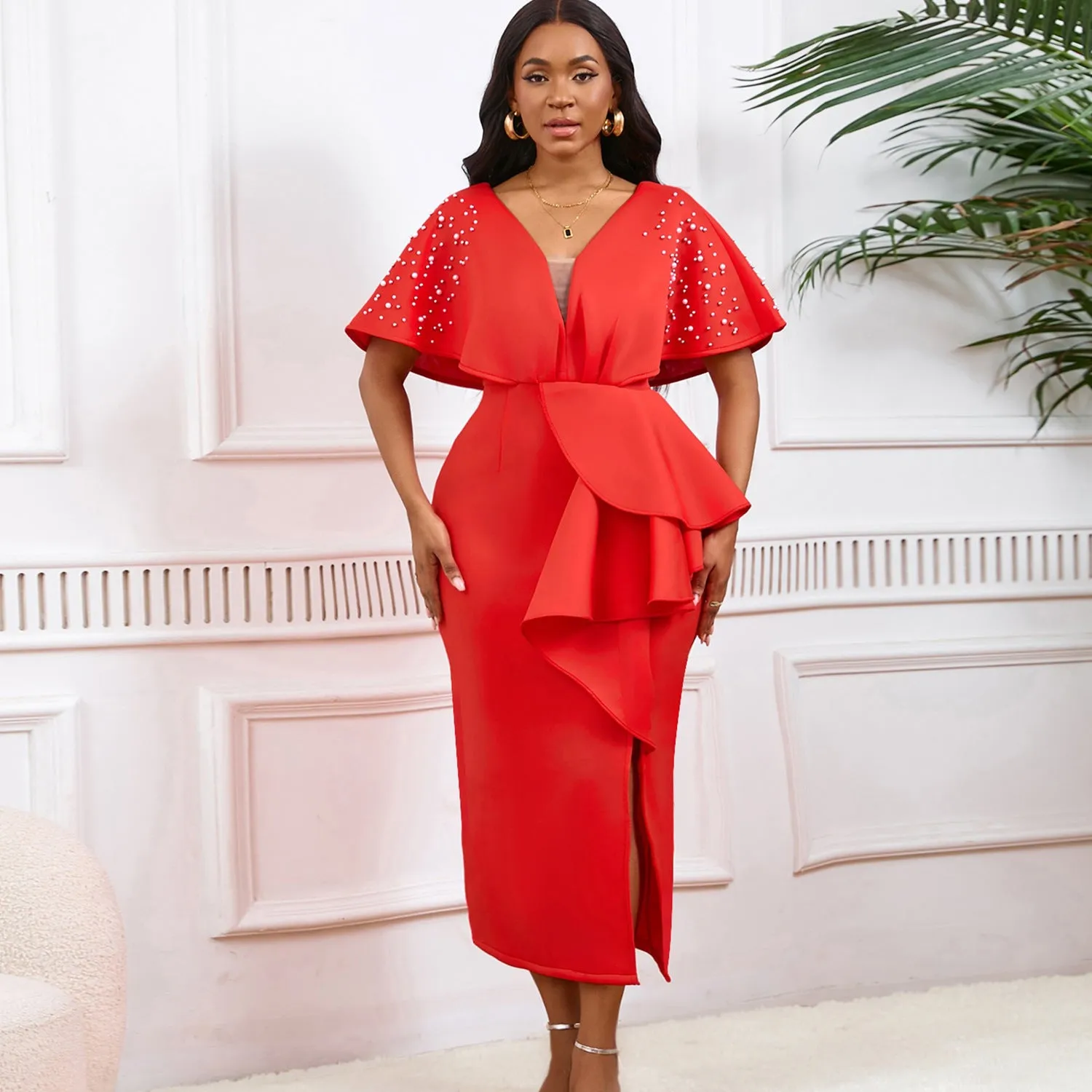 ROMILDI D516  Summer Sexy V-Neck Lotus Leaf Split Bead Gala Dress Celebrity Temperament Banquet Dress