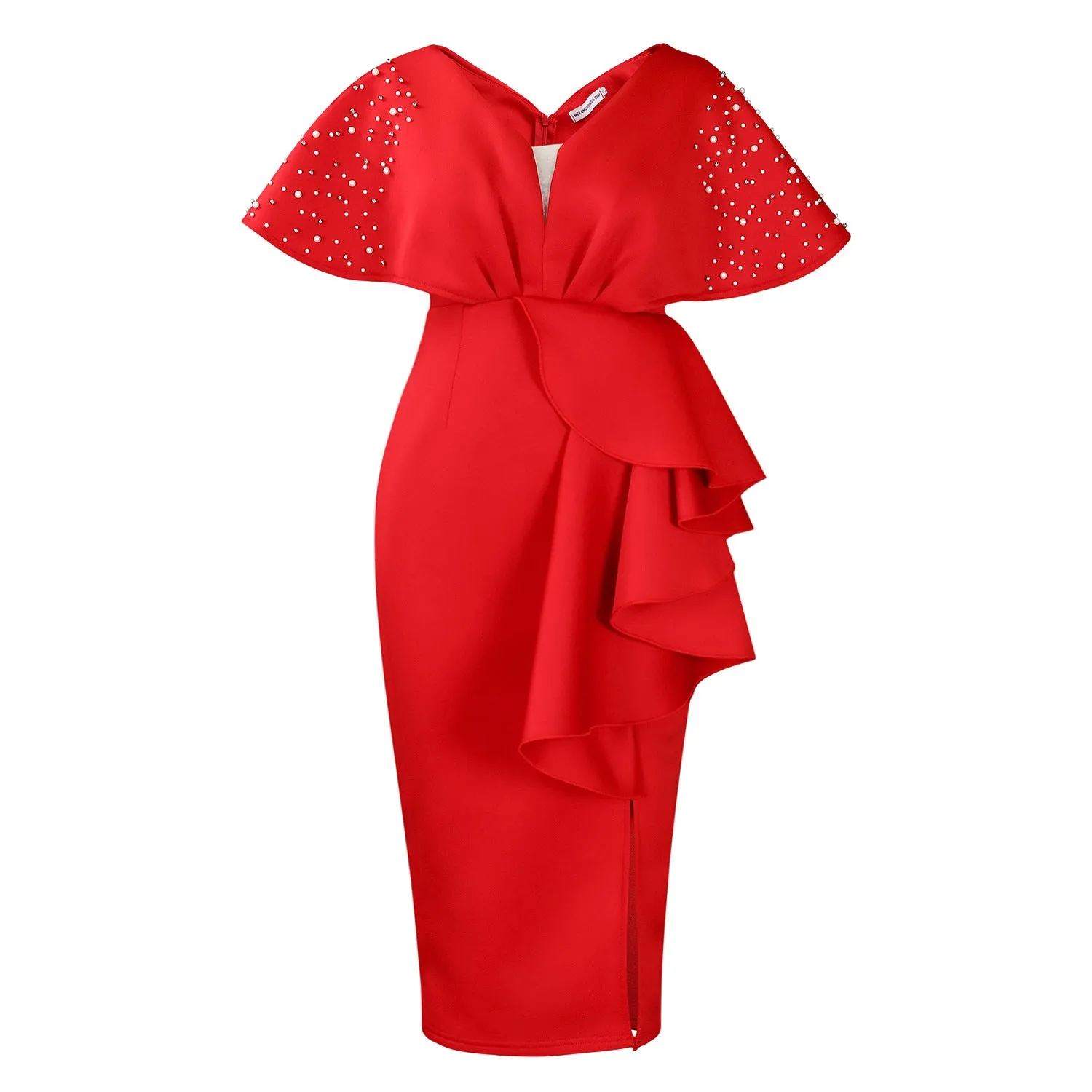 ROMILDI D516  Summer Sexy V-Neck Lotus Leaf Split Bead Gala Dress Celebrity Temperament Banquet Dress
