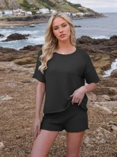 Round Neck Short Sleeve Top and Shorts Sweater Set