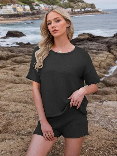 Round Neck Short Sleeve Top and Shorts Sweater Set
