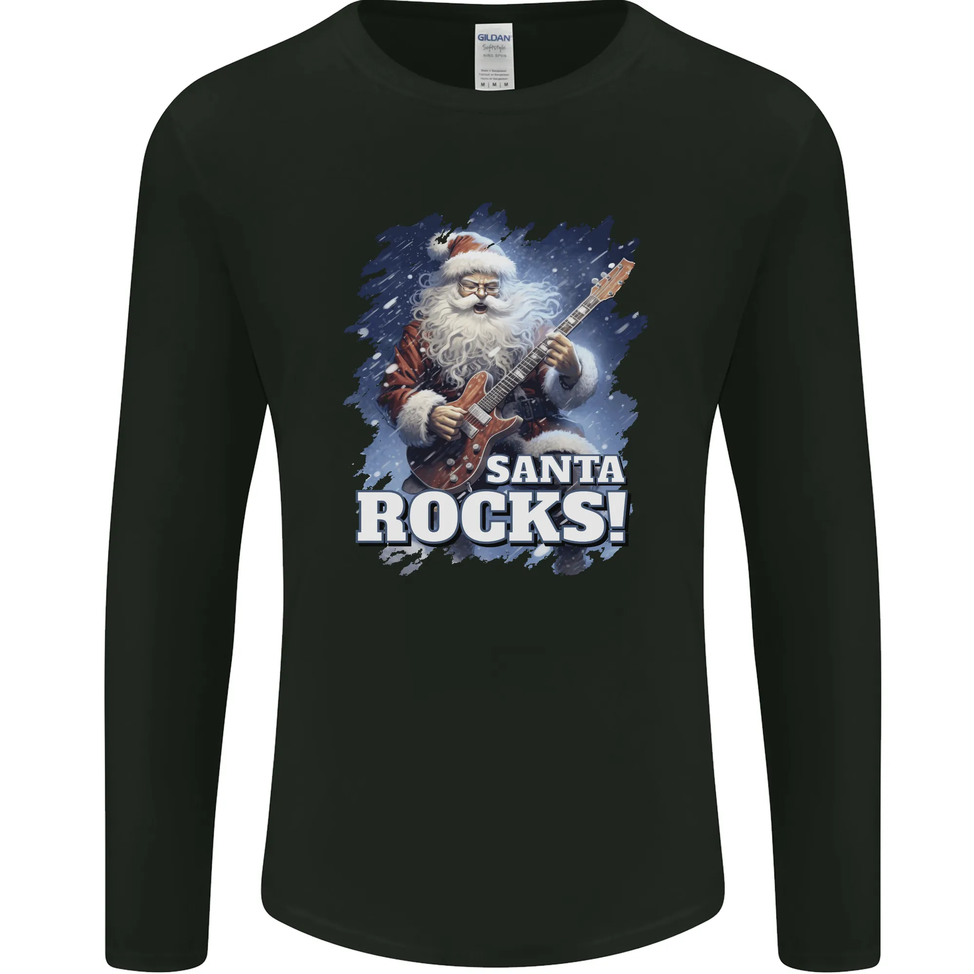 Santa Rocks Christmas Guitar Music Heavy Metal Mens Long Sleeve T-Shirt