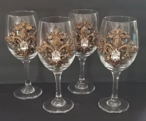 Set of 2 Michelle Butler Jeweled Wine Glasses with Fleur de Lis