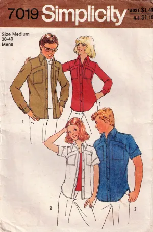 Simplicity 7019 Mens Wide Collared Body Shirts 1970s Vintage Sewing Pattern Size MEDIUM 38 - 40 UNCUT Factory Folded