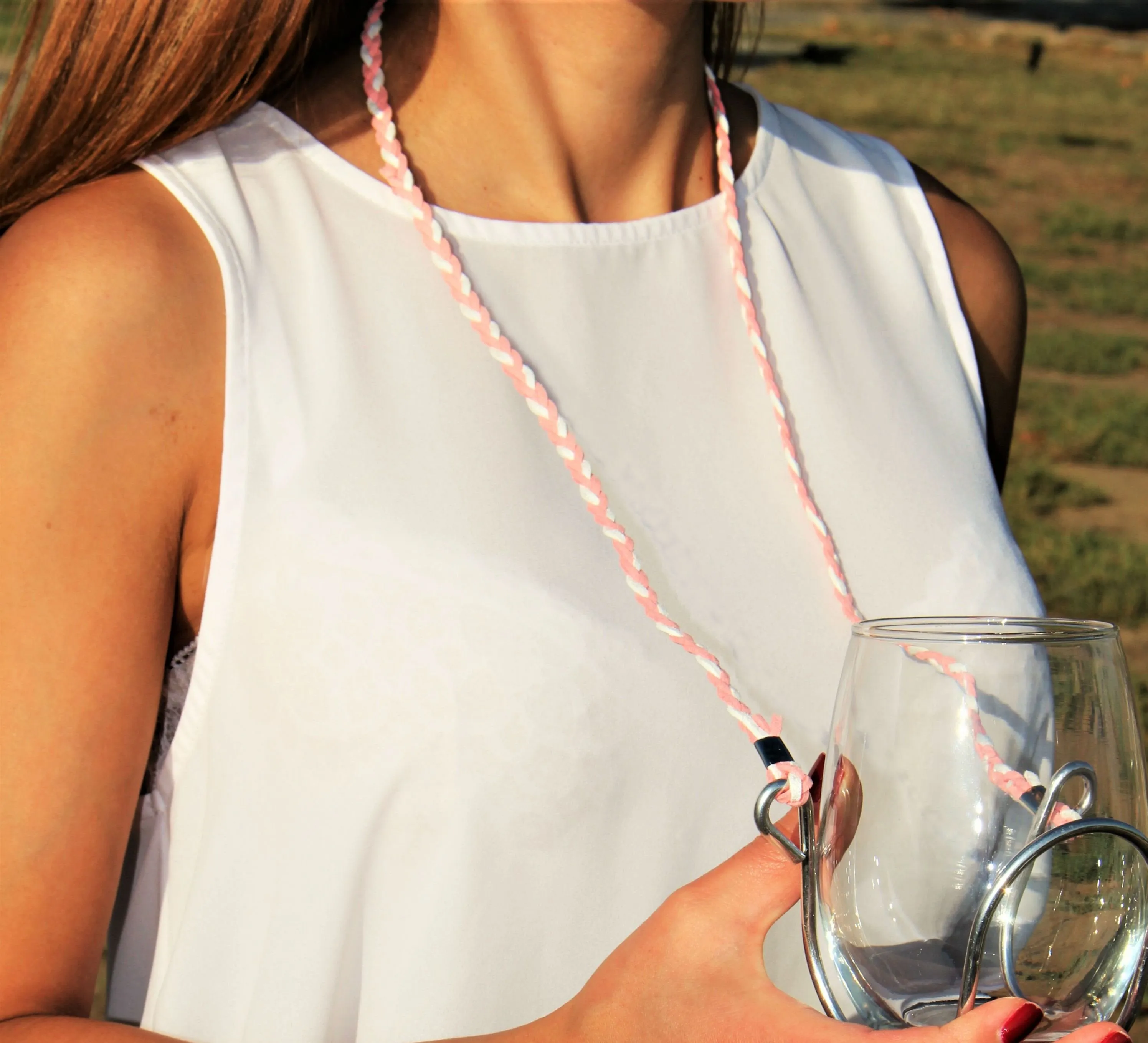 Suede - Pink & White - Wine Glass Necklace