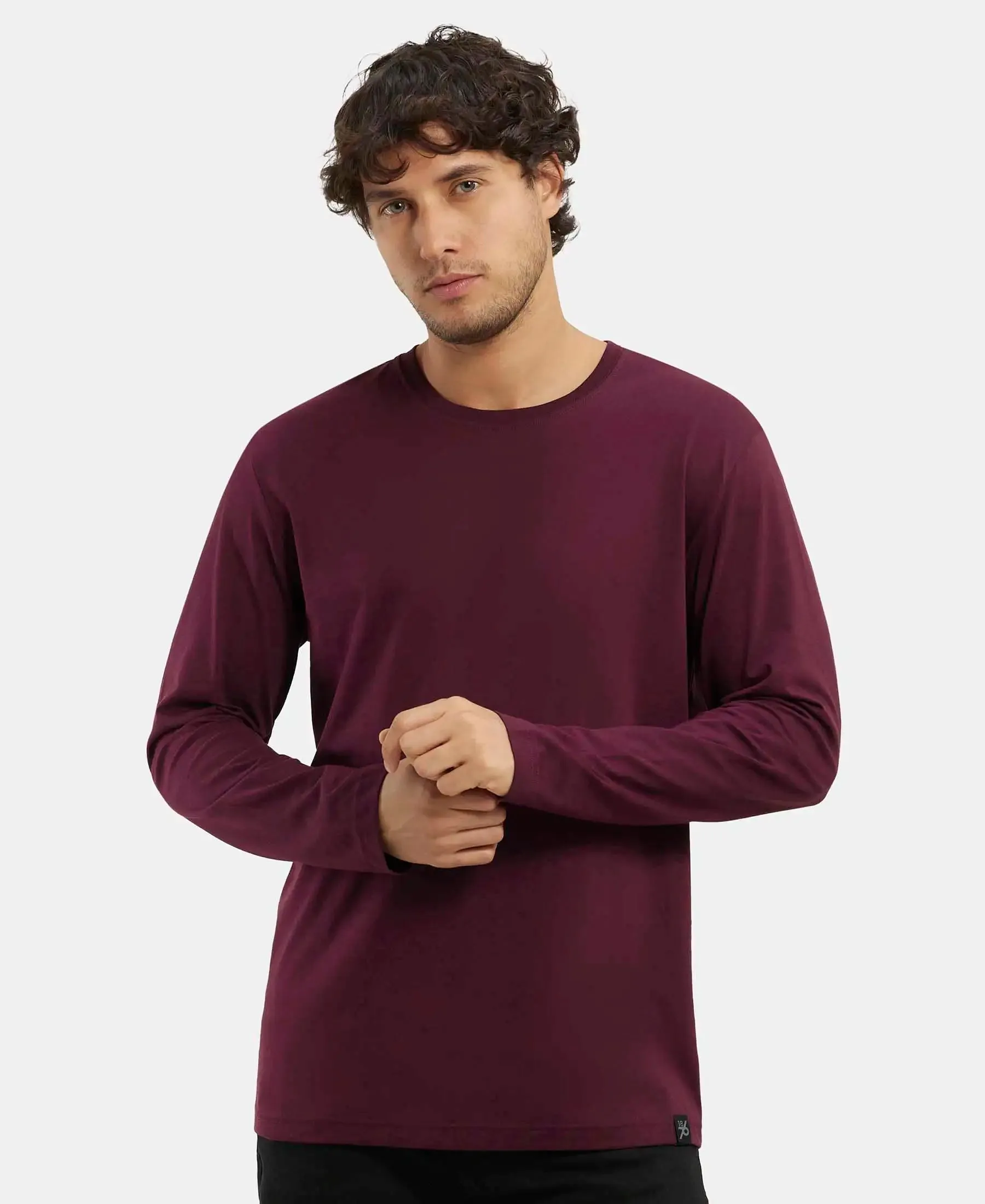 Super Combed Cotton Rich Solid Round Neck Full Sleeve T-Shirt - Wine Tasting