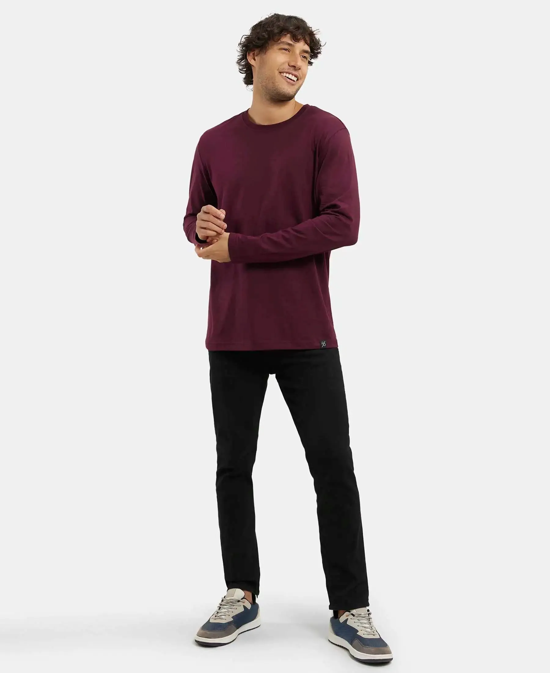 Super Combed Cotton Rich Solid Round Neck Full Sleeve T-Shirt - Wine Tasting