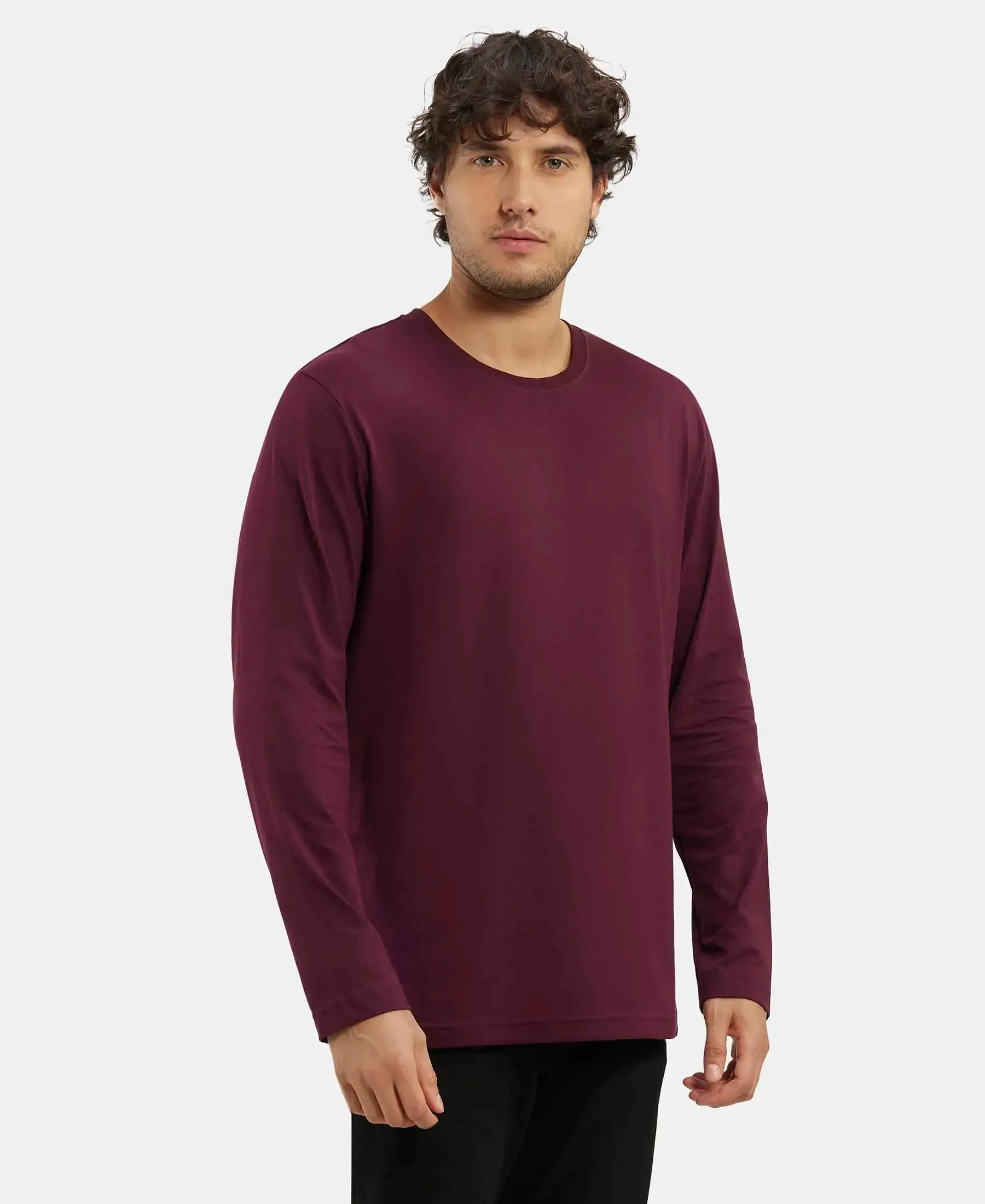 Super Combed Cotton Rich Solid Round Neck Full Sleeve T-Shirt - Wine Tasting