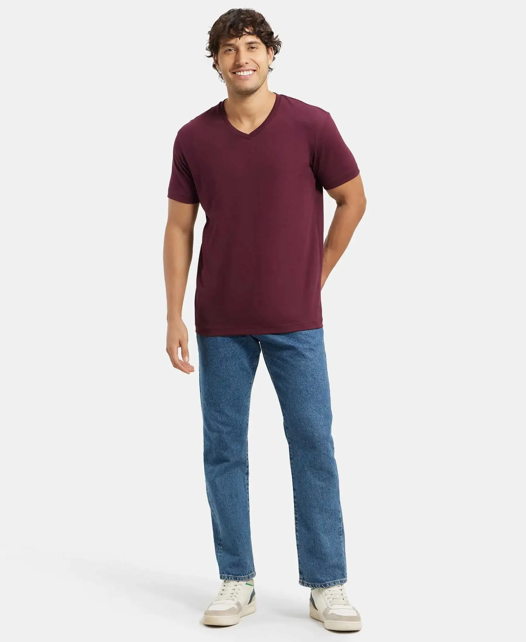 Super Combed Cotton Rich Solid V Neck Half Sleeve T-Shirt  - Wine Tasting