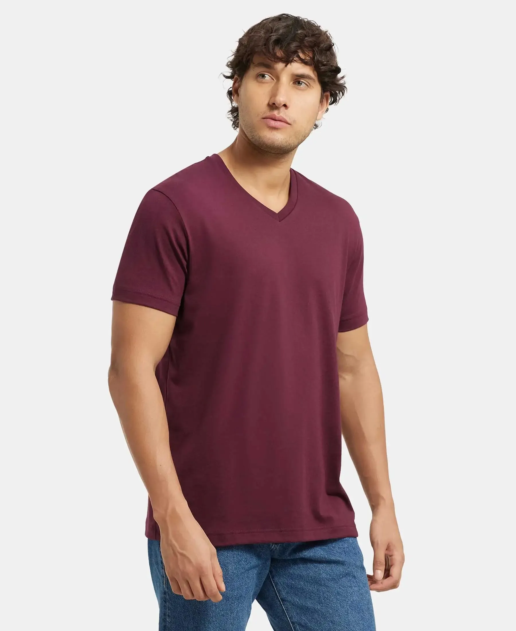 Super Combed Cotton Rich Solid V Neck Half Sleeve T-Shirt  - Wine Tasting