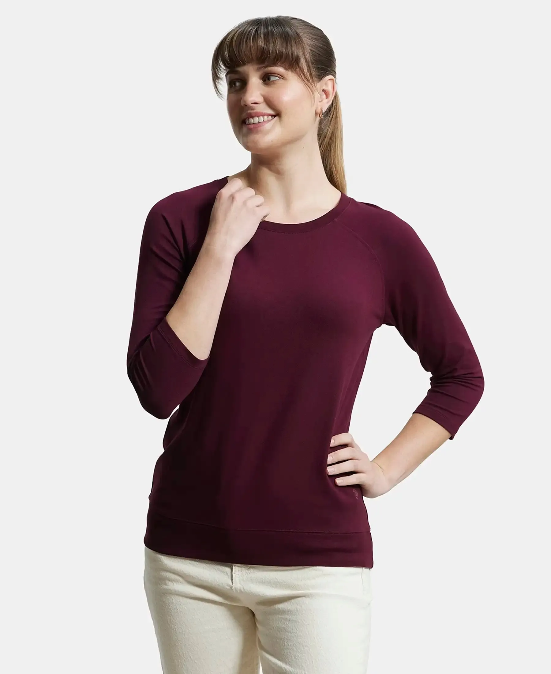Super Combed Cotton Viscose Elastane Stretch Regular Fit Solid Round Neck Three Quarter Sleeve T-Shirt - Wine Tasting