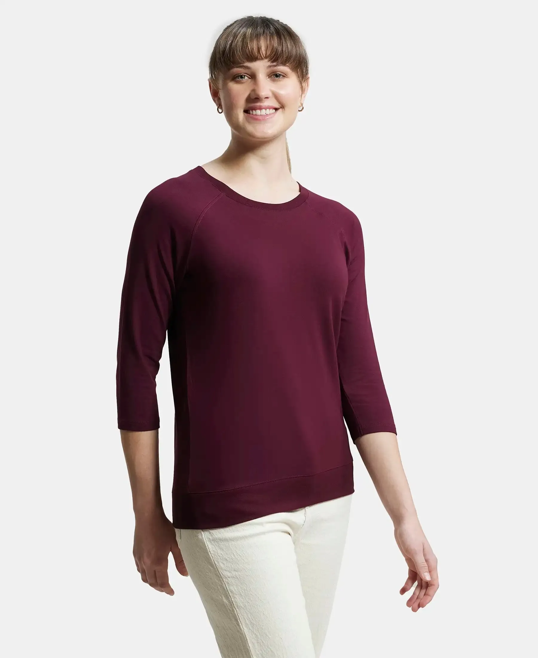 Super Combed Cotton Viscose Elastane Stretch Regular Fit Solid Round Neck Three Quarter Sleeve T-Shirt - Wine Tasting