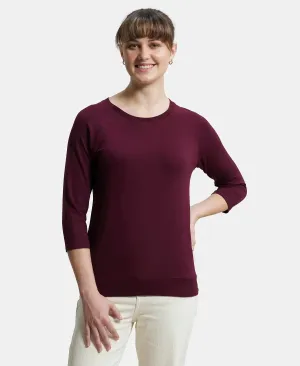 Super Combed Cotton Viscose Elastane Stretch Regular Fit Solid Round Neck Three Quarter Sleeve T-Shirt - Wine Tasting